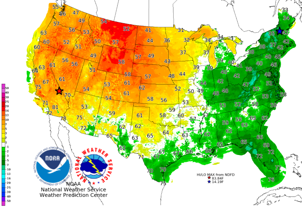 Sunday's high temperatures and departure from normal